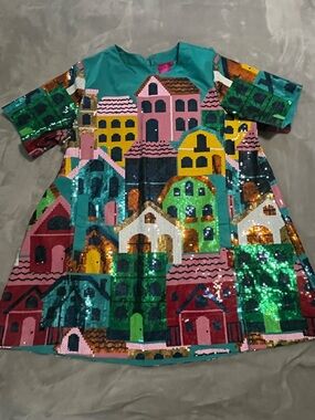 Sequin Townscape Short Dress in Teal, Pink & Green